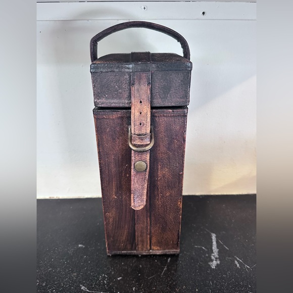 Vintage Wooden Leather Wine Carrier with Handle - Picture 1 of 10